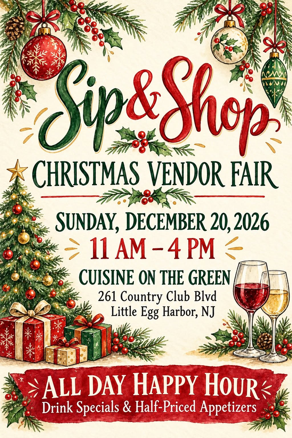 Festive flyer advertising a Sip & Shop Christmas Vendor Fair on Sunday, December 20, 2026, from 11 a.m. to 4 p.m. at Cuisine on the Green, 261 Country Club Boulevard, Little Egg Harbor, NJ. The event features an all-day happy hour with drink specials and half-priced appetizers. The flyer has a watercolor-style holiday design with red and green lettering, decorated Christmas trees, ornaments, holly, wrapped presents, and glasses of wine.