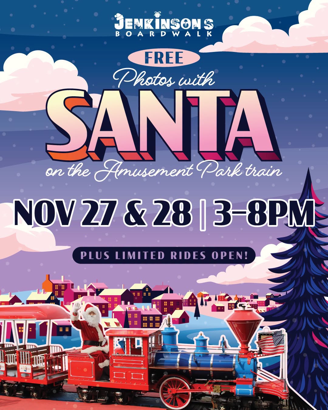 Pictures with Santa Flyer with an image of a train and a Christmas Tree