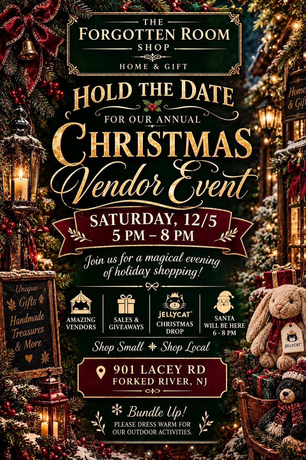 The Forgotten Room Shop Home & Gift advertises its annual Christmas Vendor Event on Saturday, December 5, from 5–8 p.m. at 901 Lacey Road, Forked River, NJ. The event features local vendors, sales and giveaways, a Jellycat Christmas drop, and Santa from 6–8 p.m. Visitors are encouraged to shop small and shop local. The flyer features an elegant holiday design with a dark green background, gold lettering, decorated Christmas trees, festive wreaths, lanterns, wrapped gifts, and plush teddy bears. Attendees are encouraged to dress warmly for outdoor activities.