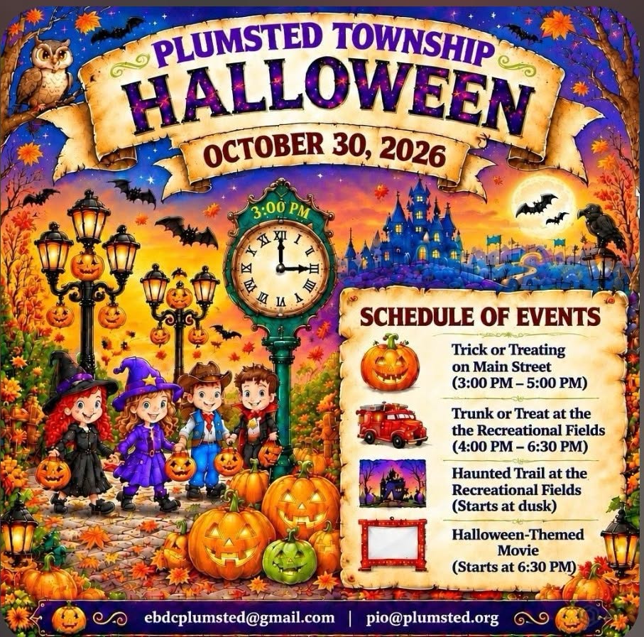 Colorful Halloween-themed flyer for Plumsted Township Halloween on October 30, 2026. The schedule includes trick-or-treating on Main Street from 3–5 p.m., trunk-or-treat at the recreational fields from 4–6:30 p.m., a haunted trail at the recreational fields starting at dusk, and a Halloween-themed movie starting at 6:30 p.m. The flyer features pumpkins, costumed children, bats, owls, spooky castles, and autumn scenery. Contact information: ebdcplumsted@gmail.com and pio@plumsted.org.