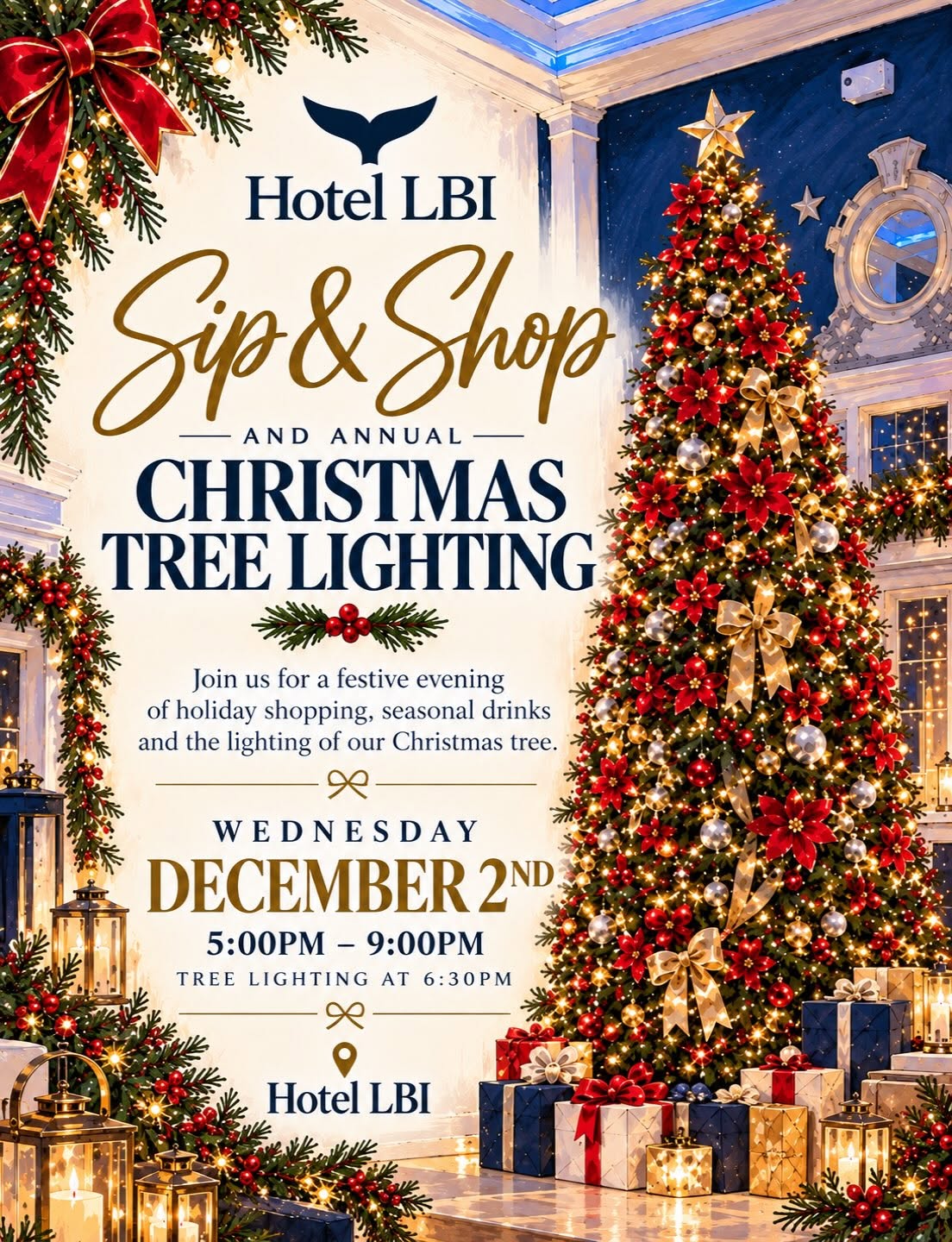 Flyer for Hotel LBI’s annual Sip & Shop and Christmas Tree Lighting on Wednesday, December 2, from 5–9 p.m., with the tree lighting at 6:30 p.m. The event invites guests to enjoy holiday shopping and seasonal drinks. The festive flyer features a large Christmas tree decorated with red and gold ornaments, poinsettias, ribbons, and twinkling lights, surrounded by wrapped gifts, glowing lanterns, and holiday greenery. The Hotel LBI name appears at the top and bottom of the flyer.