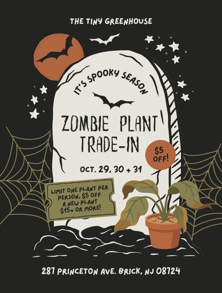 Halloween-themed flyer for The Tiny Greenhouse in Brick, NJ, advertising a Zombie Plant Trade-In on October 29, 30, and 31. Customers can trade in one plant per person and receive $5 off a new plant priced at $15 or more. The flyer features a wilted potted plant, a tombstone, bats, stars, and spiderwebs against a dark background. Located at 287 Princeton Avenue, Brick, NJ 08724.