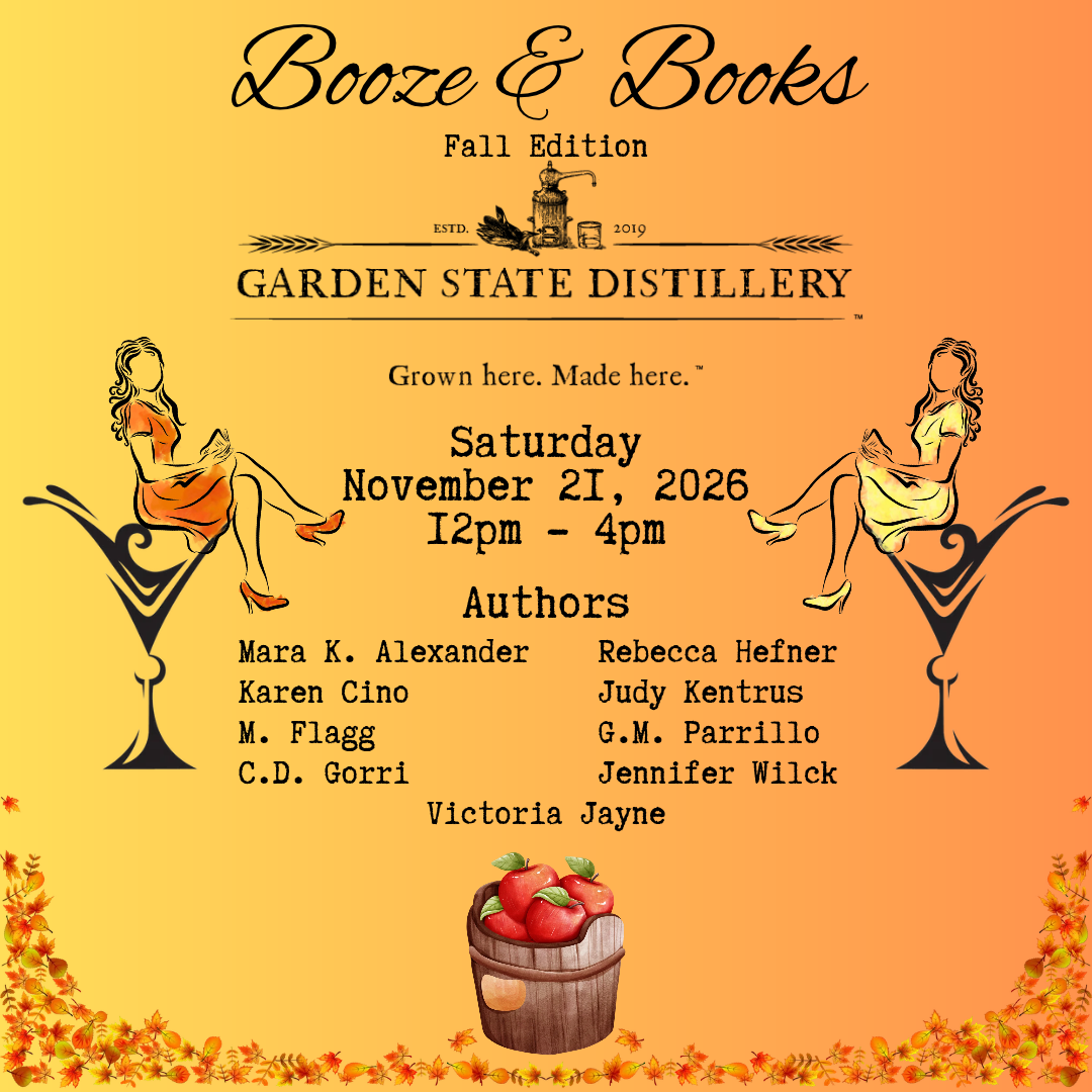 Booze and Books flyer on an orange background with two graphics of women sitting in a martini glasses and a barrel of apples