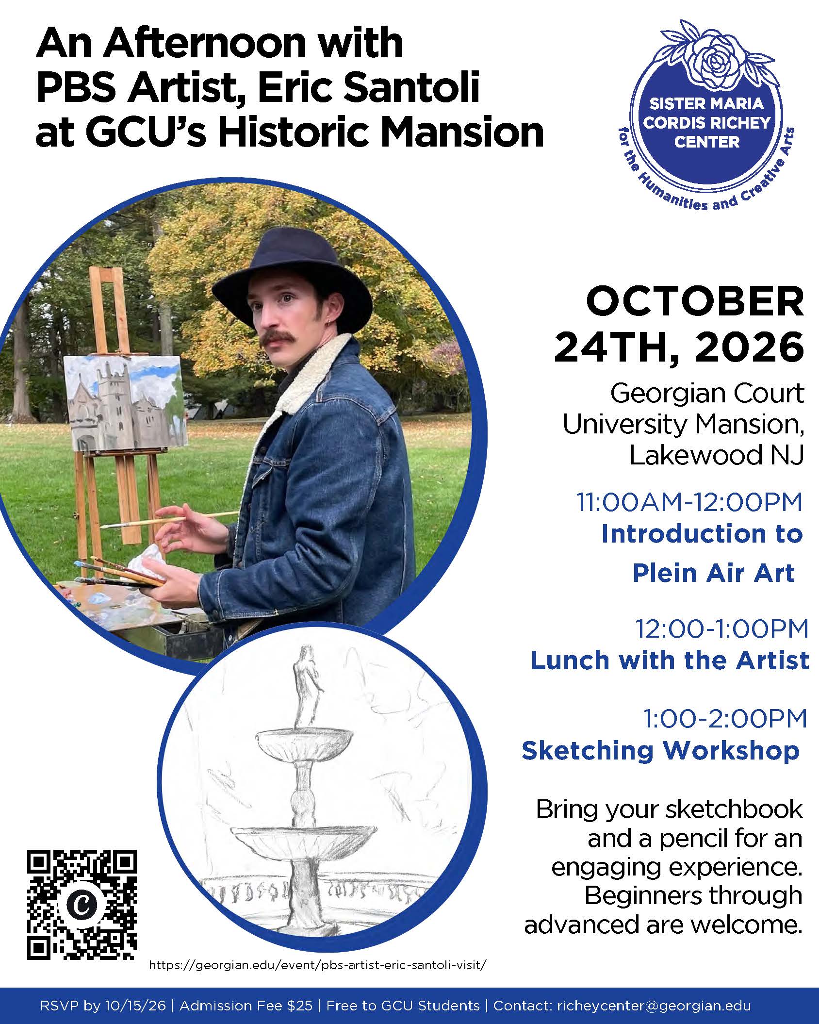 Picture of a man in a black hat painting on an easel outside