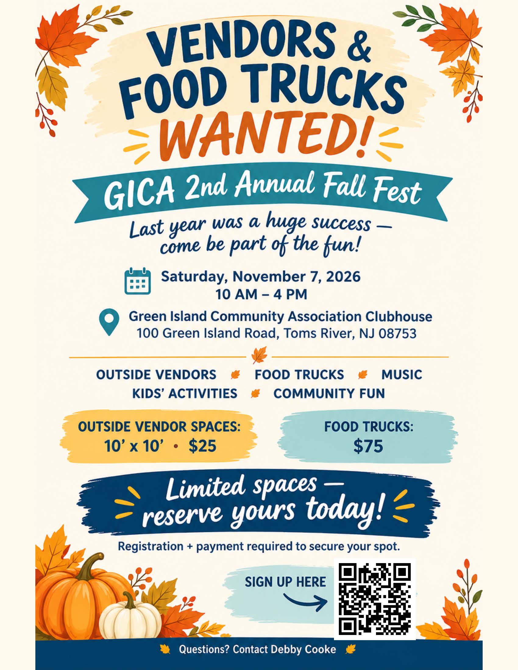 Fall festival vendor recruitment flyer for the G.I.C.A. 2nd Annual Fall Fest on Saturday, November 7, 2026, from 10 a.m. to 4 p.m. at the Green Island Community Association Clubhouse, 100 Green Island Road, Toms River, NJ. The event features outside vendors, food trucks, music, kids’ activities, and community fun. Vendor spaces are 10’ x 10’ for $25, and food truck spaces are $75. Registration and payment are required, with limited spaces available.
