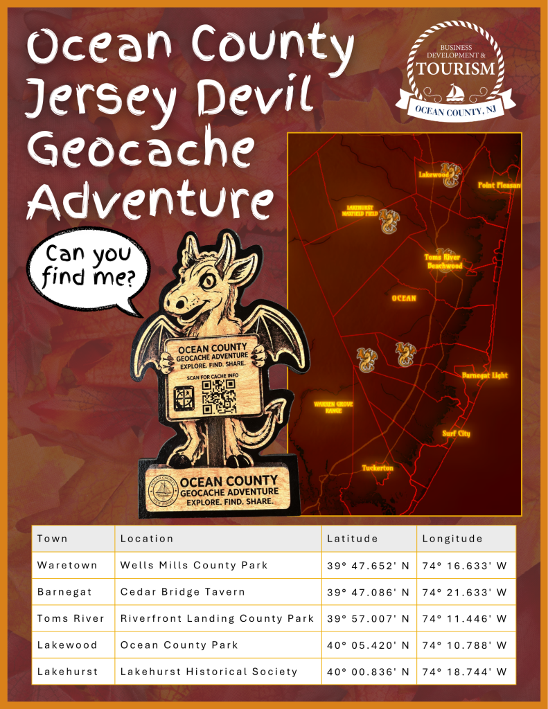 Promotional flyer for the Ocean County Jersey Devil Geocache Adventure presented by Ocean County Business Development & Tourism. The design features an illustrated Jersey Devil holding a sign that reads “Ocean County Geocache Adventure: Explore. Find. Share.” with a QR code to scan for cache information. A map highlights geocache locations throughout Ocean County, including Lakewood, Point Pleasant, Toms River, Beachwood, Barnegat Light, Surf City, Tuckerton, Waretown, and Lakehurst. The bottom of the flyer lists five geocache locations with their town names, site names, and GPS coordinates: Wells Mills County Park in Waretown, Cedar Bridge Tavern in Barnegat, Riverfront Landing County Park in Toms River, Ocean County Park in Lakewood, and Lakehurst Historical Society in Lakehurst. The flyer has a spooky orange and dark red background with the words “Can you find me?” in a speech bubble.