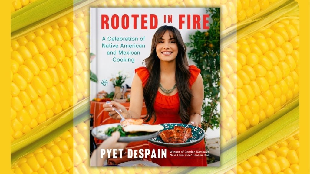 Photo of a book cover featuring a woman in a red dress holding plates of food