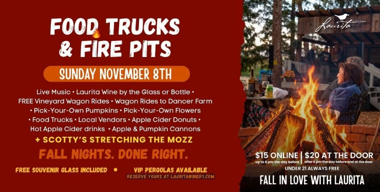 Food trucks and fire pits flyer on a red background with a photo of two people in coats sitting next to a fire pit with wine