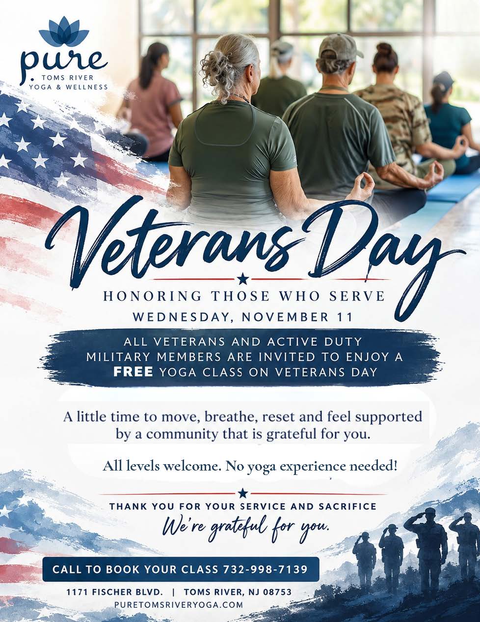 Veterans Day flyer for Pure Toms River Yoga & Wellness