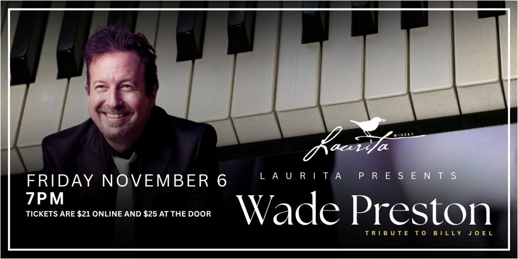Billy Joel Tribute by Wade Preston. Flyer with a picture of a man and piano keys