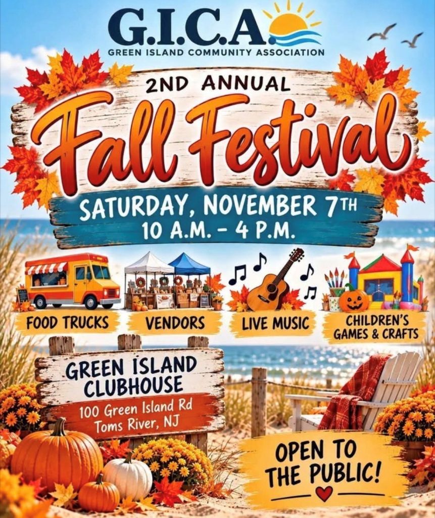 Fall Festival flyer with fall colored leaves, a food truck, vendor tents, guitar and inflatables.