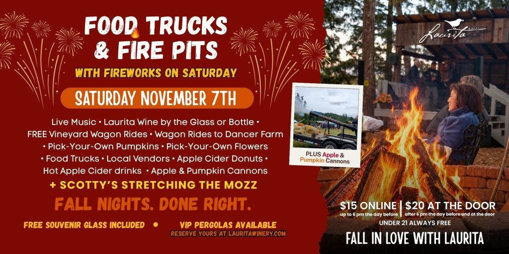Food trucks and fire pits flyer on a red background with a photo of two people in coats sitting next to a fire pit with wine