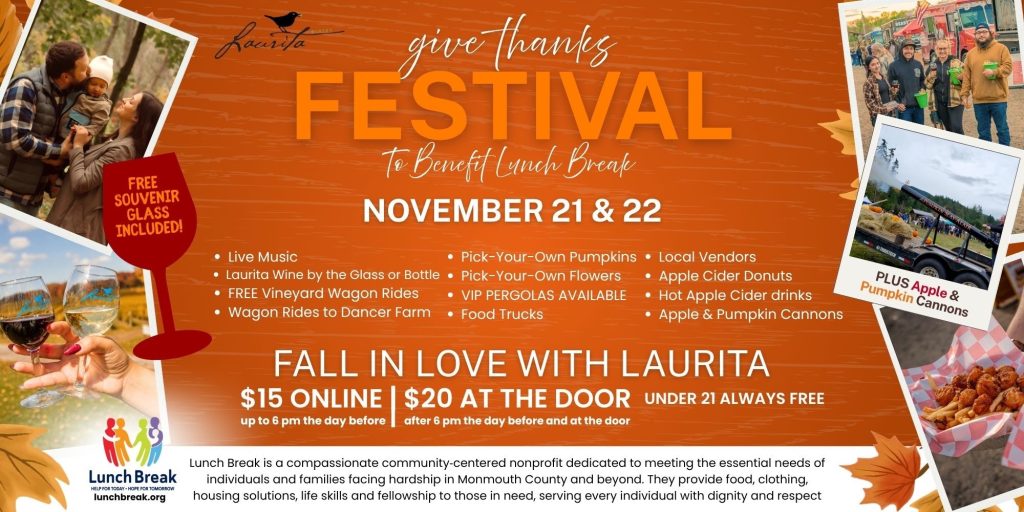 Give Thanks Festival flyer on an orange background with photos of people holding green buckets, wine glasses, food in trays and a family posing for a photo