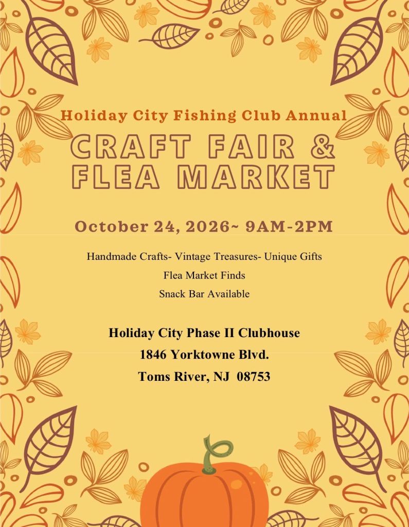 Craft Fair and Flea Market flyer on a yellow background with fall leaves and a pumpkin around the border 