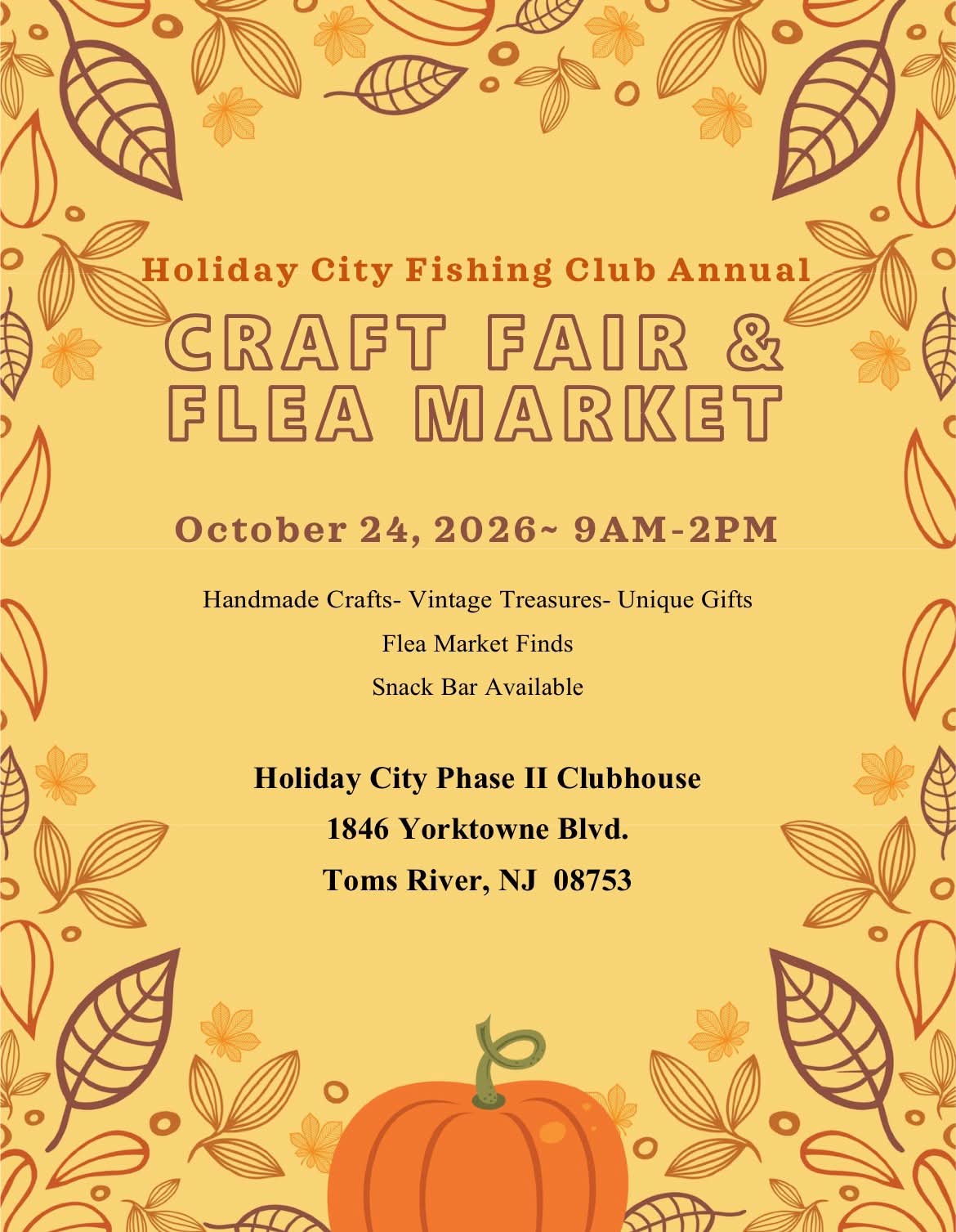 Craft Fair and Flea Market flyer on a yellow background with fall leaves and a pumpkin around the border