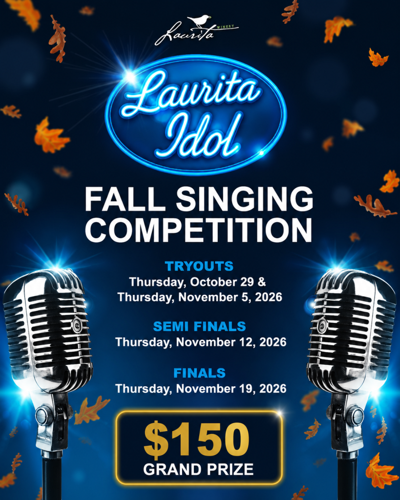 Laurita Winery’s Laurita Idol Fall Singing Competition flyer features a dark blue background with glowing neon lettering, vintage microphones, and autumn leaves. Tryouts are Thursday, October 29, and Thursday, November 5, 2026. The semifinals are Thursday, November 12, 2026, and the finals are Thursday, November 19, 2026. The grand prize is $150.