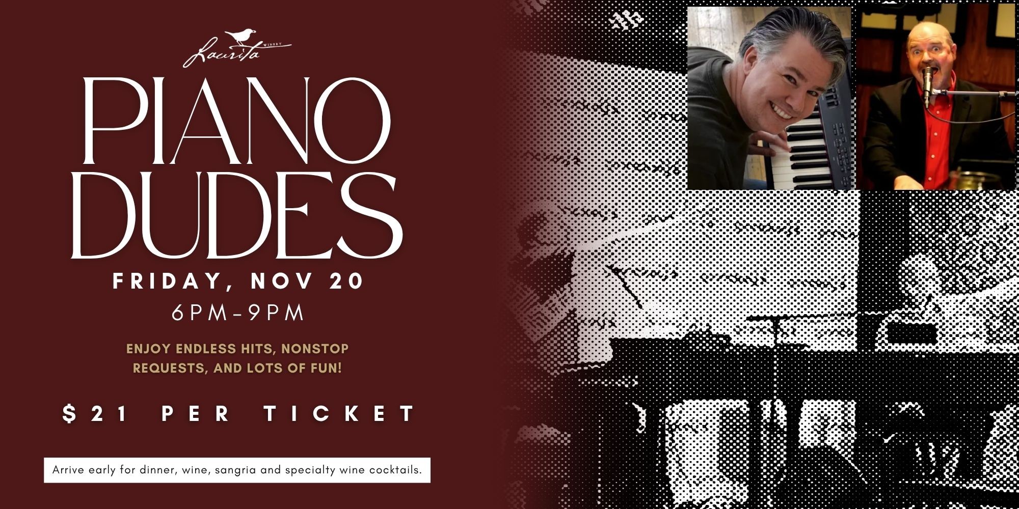 Piano Dudes flyer with photos of people playing piano and singing into a microphone