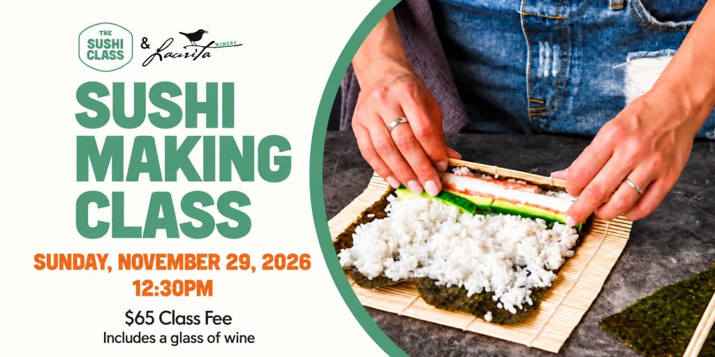 Sushi Making Class with The Sushi Class flyer with a photo of a person making sushi